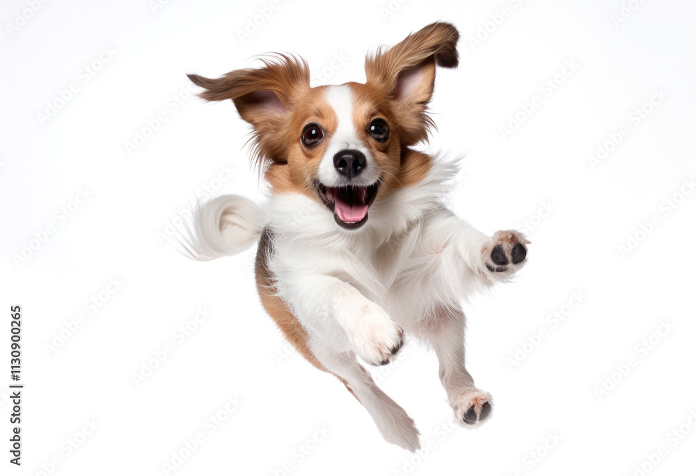 Fototapeta premium Joyful dog leaps with excitement in a playful moment indoors