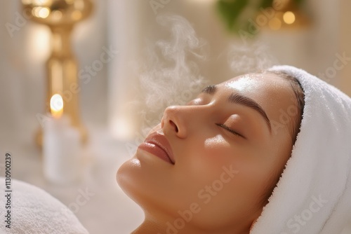 A woman enjoys a hydrating facial treatment, enveloped in soft mist, highlighting the essence of self-care and beauty rituals that promote relaxation and rejuvenation. photo