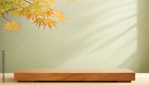 Wooden Platform with Green Background and Yellow Maple Leaves for Product Display Montage, Product Photography, Japan style 