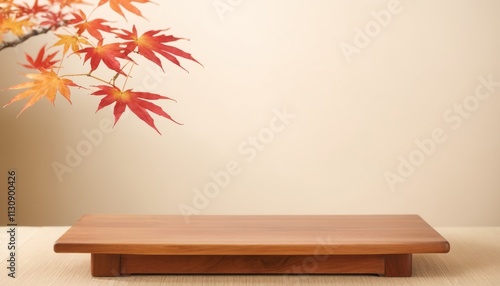 Wooden Platform with Beige Background and Red Maple Leaves for Product Display Montage, Product Photography, Japan style 