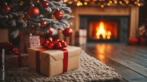 Christmas tree with presents in front of fireplace. Winter holiday concept.