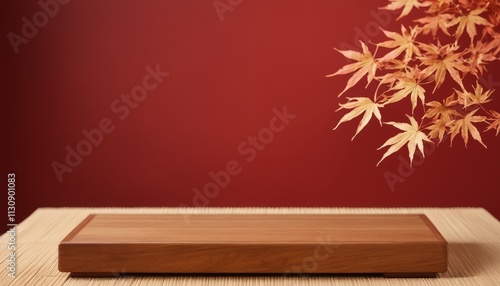 Wooden Platform with Red Background and Orange Maple Leaves for Product Display Montage, Product Photography, Japan style
