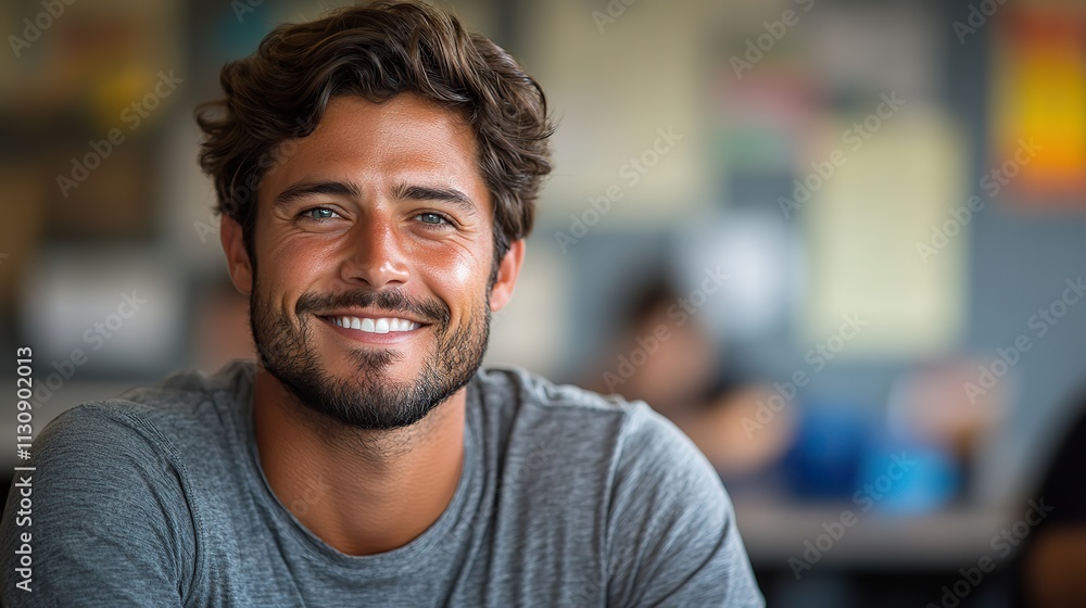 Obraz premium A male teacher with a happy expression teaches math in a high school classroom, dedicated to student education and growth