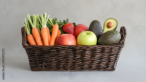 A wicker basket holds assorted fresh fruits and vegetables photo