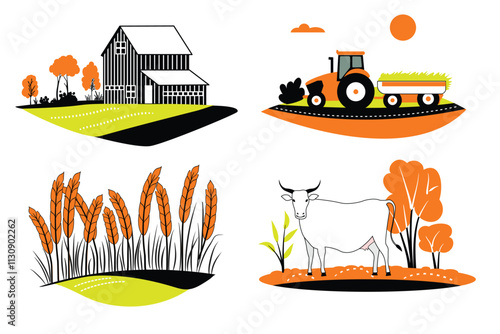 Rural scenes, a farmhouse, a barn, a rural hangar, a tractor carrying hay, ears of corn in a field, a cow in a pasture.