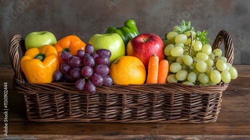 A wicker basket filled with fresh fruits and vegetables photo