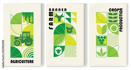 Agriculture, farm, harvest, agronomy - a set of templates with geometric design with copy space.