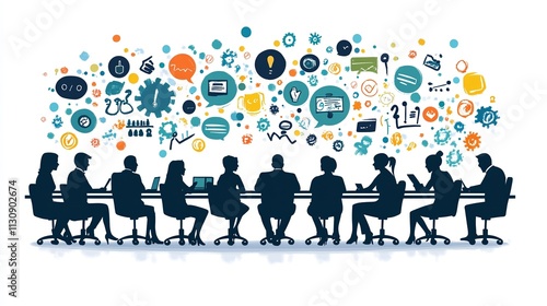 Silhouettes of people in a meeting trying to solve problems with each other and new ideas