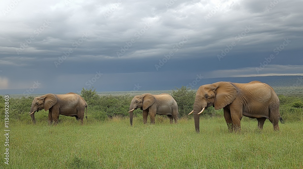 Fototapeta premium Rain clouds over a savanna landscape with elephants grazing 