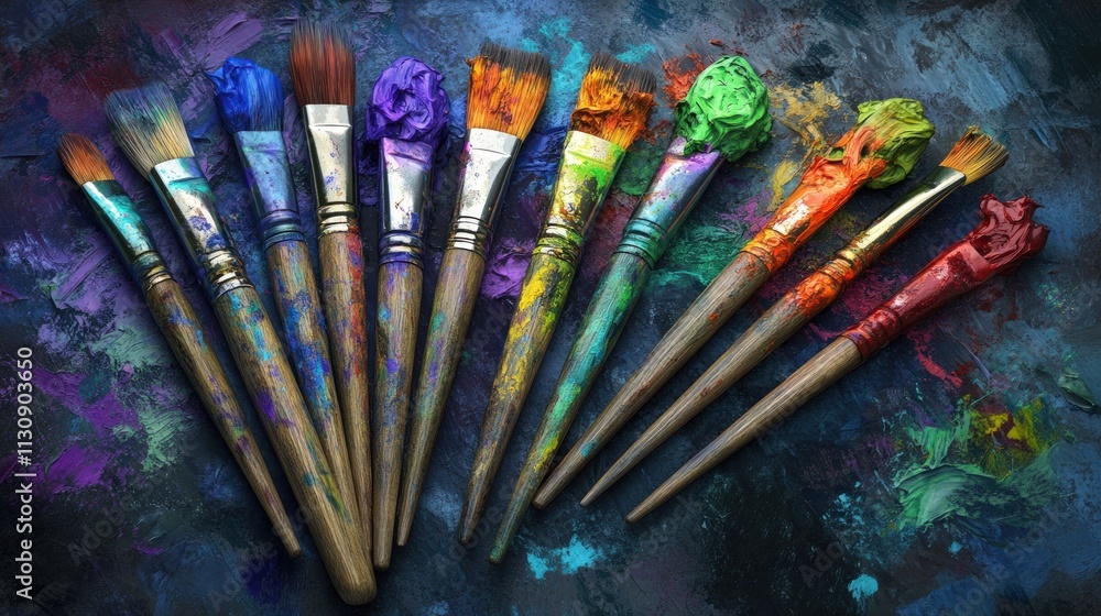 Obraz premium Paint-covered brushes arranged on a palette.