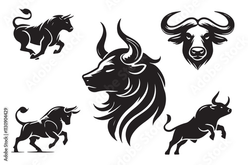 Bull silhouette icon set. strength and perseverance symbol on white background