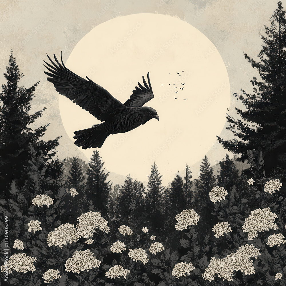 Fototapeta premium Majestic Eagle Soaring Over Dark Forest with Full Moon Background