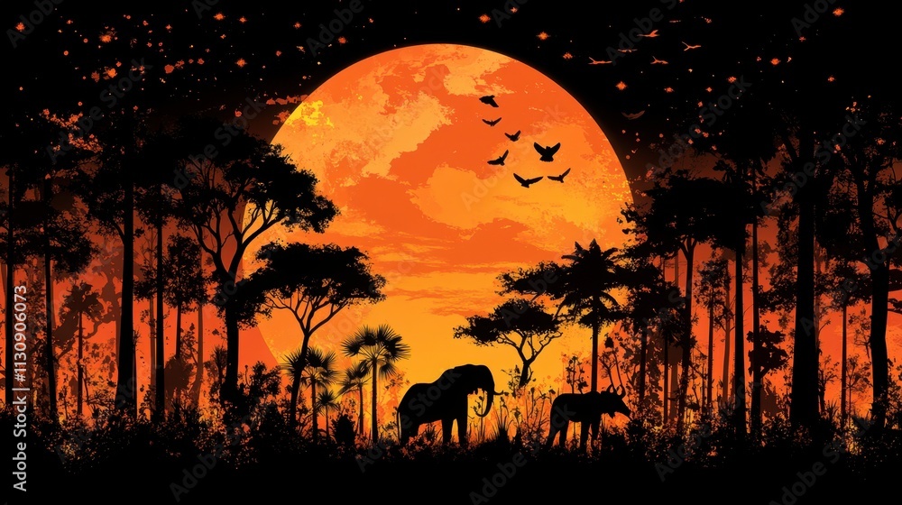 Naklejka premium Sunset over a savanna landscape with silhouettes of acacia trees and grazing animals 