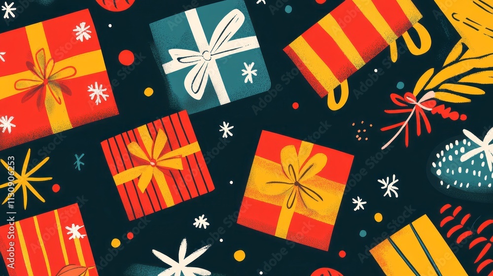 Obraz premium Vector Christmas gifts with bold outlines and vibrant wrapping paper patterns