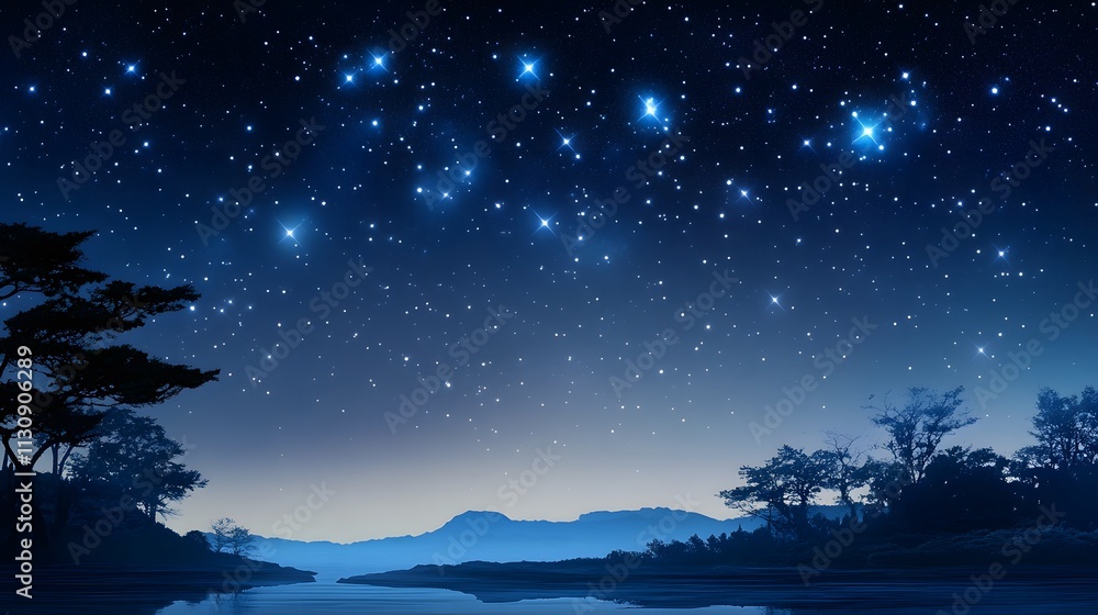 Fototapeta premium Serene Night Sky Over Silhouetted Trees And Lake