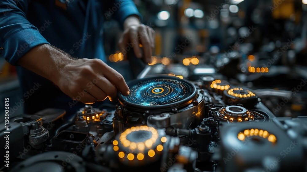 Obraz premium A mechanic uses a tablet to work on a car engine in a garage, showcasing modern technology in auto repair