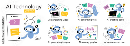 Set of vector illustrations of AI technology. Cute robots performing tasks, generating video, creating text, and offering customer service. Artificial intelligence doodle icons. Flat cartoon design