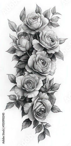 Monochrome pencil sketch of a cluster of roses and leaves.