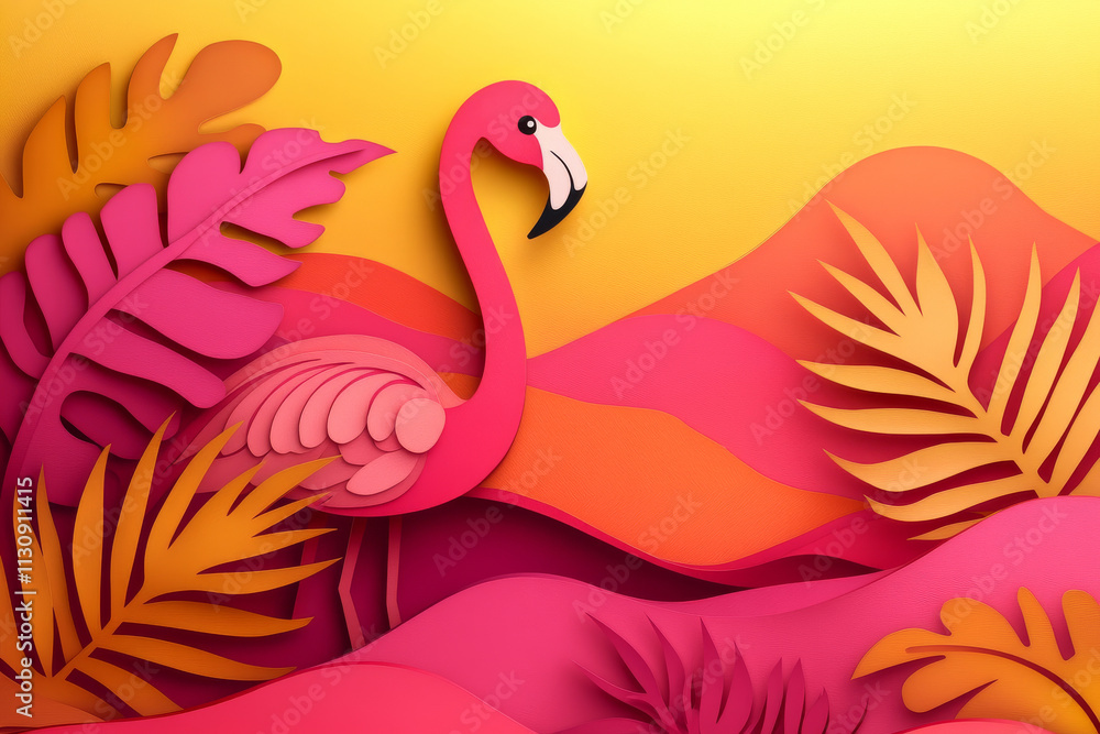Obraz premium Paper cut, flamingo on sunset pink background, graceful lines and vivid colors, tropical bird design.
