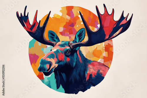 Moose illustration, bold colors, graphic design, stylized animal portrait, unique art style on a light background, emphasis on features and colors. photo