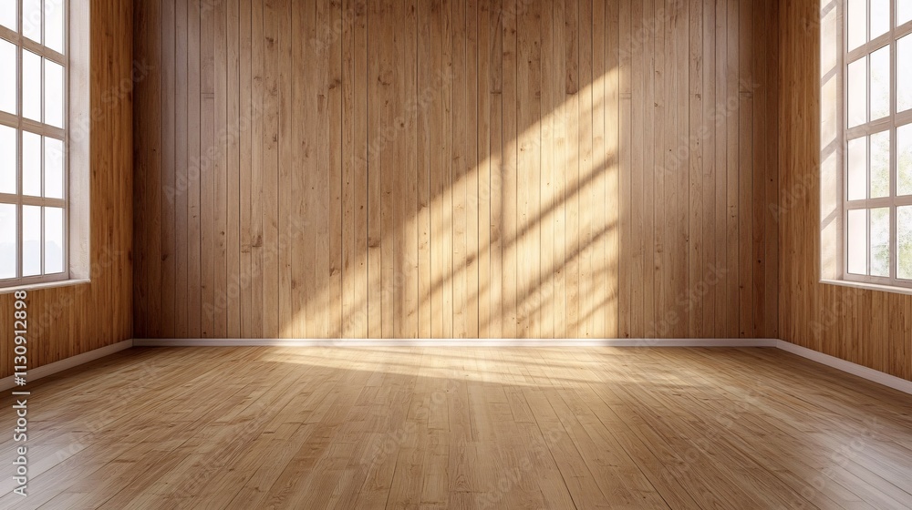 Naklejka premium Sunlit Empty Room With Wooden Walls And Floor