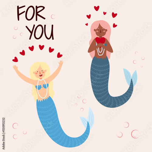 Vector illustration of mermaids of different races. Self-love concept, February 14