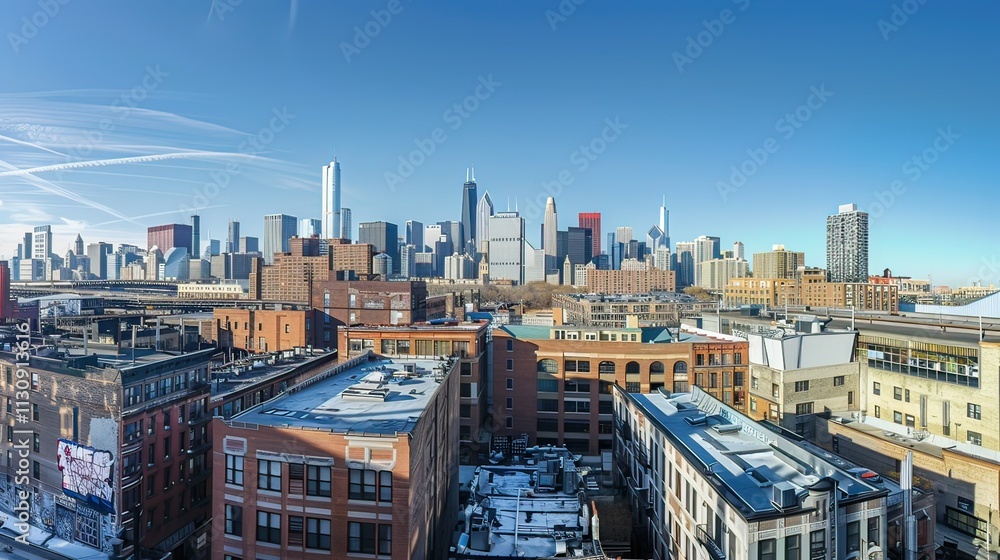 Naklejka premium A skyline of high-rise buildings in downtown Chicago, with the Willis Tower in the background and a clear blue sky.