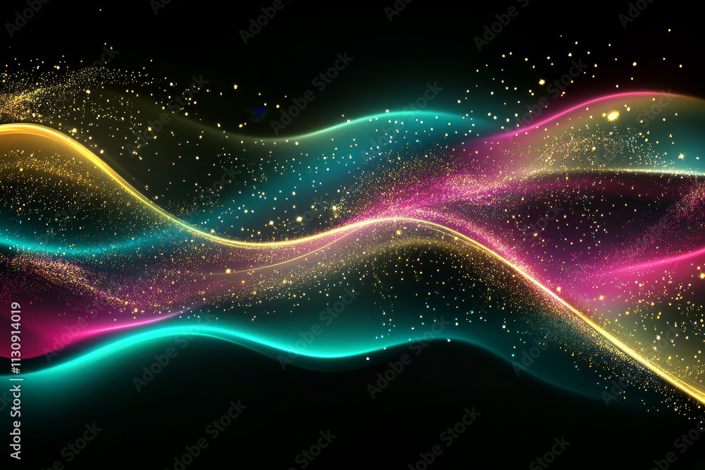 Obraz premium A glowing abstract background featuring cascading waves of magenta, teal, and gold moving dynamically.