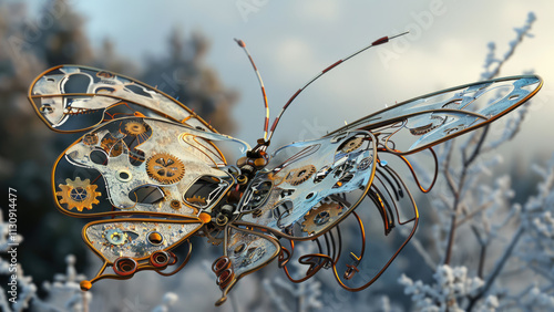 Mechanical butterfly made of gears and metal photo