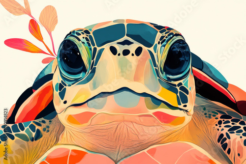 Turtle illustration, bold colors, graphic design, stylized animal portrait, unique art style on a light background, emphasis on features and colors. photo