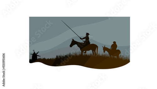 Photos Don Quixote and the Windmill flat color illustration