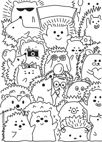 Hand-drawn Hedgehog Doodle Art. Various Expression with simple and friendly style.