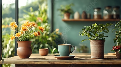 Serene Morning Coffee With Flowers And Plants