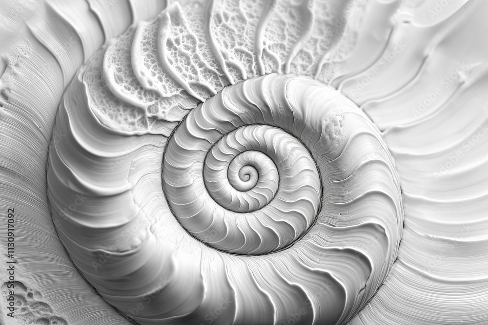 Obraz premium White spiral shell, textured, grayscale, detailed.