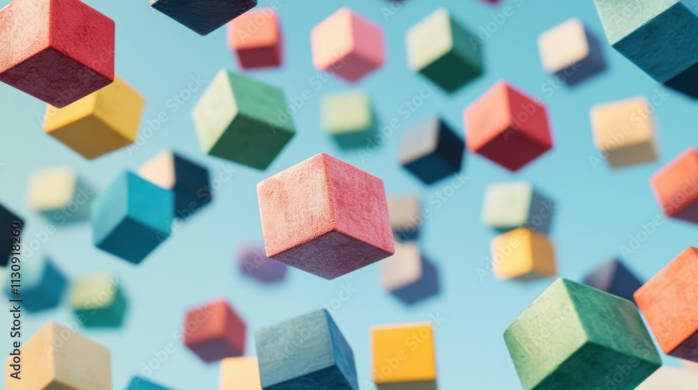 Obraz premium Colorful floating cubes in a bright blue sky, creating a playful and vibrant atmosphere.