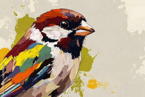 Sparrow illustration, bold colors, graphic design, stylized animal portrait, unique art style on a light background, emphasis on features and colors. photo