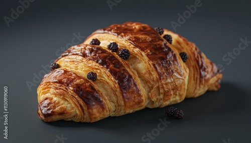 A freshly baked croissant topped with blackberries on a dark background.