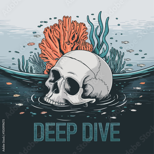 Deep dive logo with skull, coral, and underwater scene