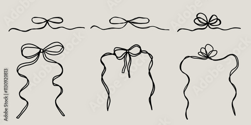 Vintage hand drawn bows whimsical ribbon sketch set collection for wedding merry christmas holiday decoration.