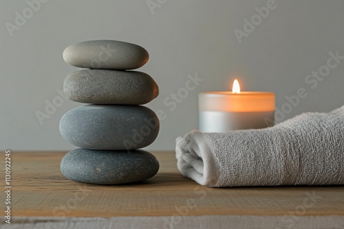 Close-Up of Zen Stones and Candle on Wooden Table photo