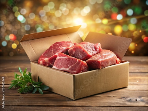 Realistic Beef Meat Packaging Design: Cardboard Box Mockup, Fresh Meat Product, Butcher Shop Branding, Food Label Template photo