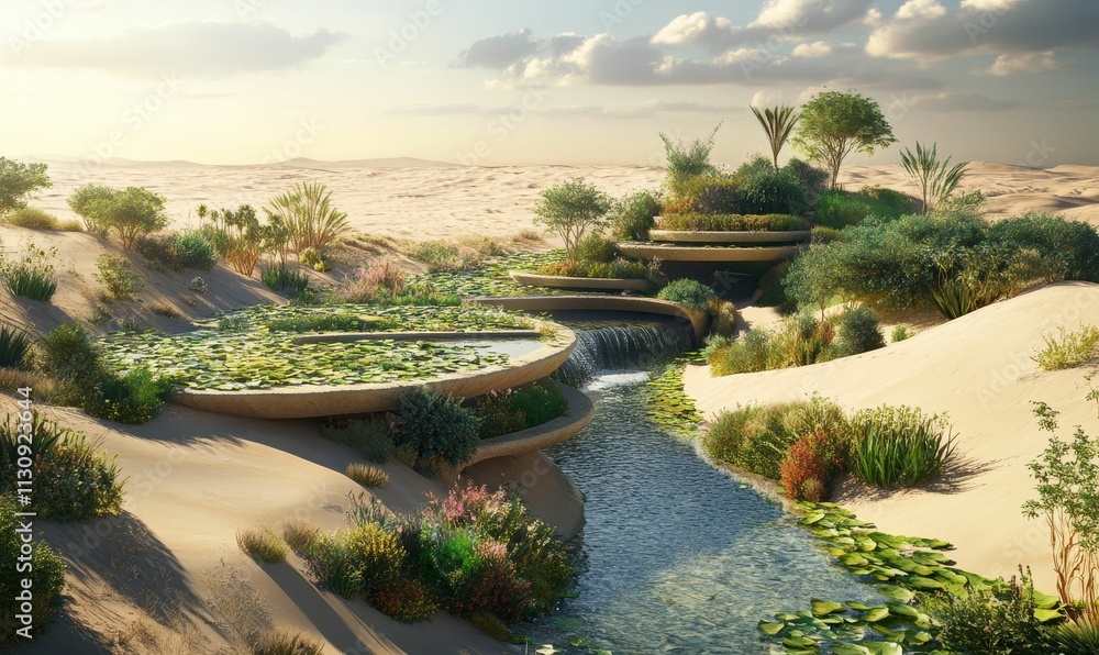 Fototapeta premium Desert oasis: tiered pools, waterfall, lush plants.