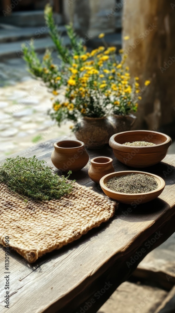 Fototapeta premium Nature-inspired aesthetic traditional woven blanket on a weathered table in a cozy setting