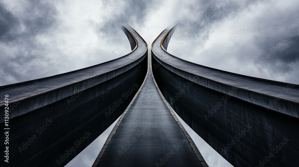 Fototapeta premium A dramatic view of an overpass, showcasing its sleek, modern architecture against a moody sky.