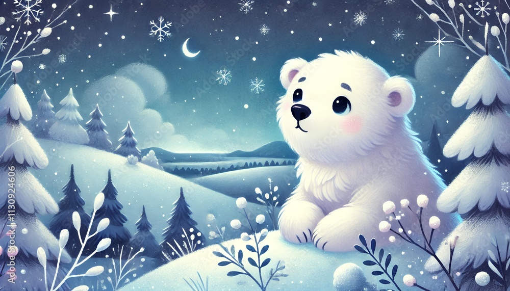 Obraz premium A Heartwarming Winter Night with One Polar Bear Gazing into the Peaceful Snowy Distance, Evoking the Tranquility and Magic of a Cozy Snowy Evening