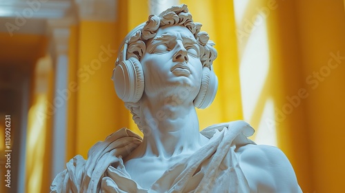 A sculpture of David wears headphones on a yellow background
