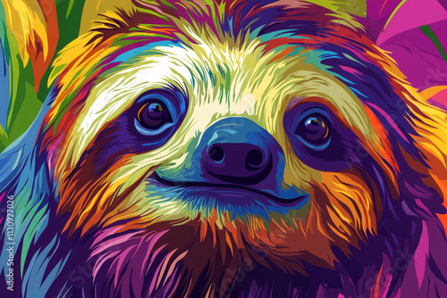 Sloth illustration, bold colors, graphic design, stylized animal portrait, unique art style on a light background, emphasis on features and colors. photo