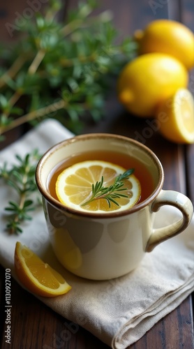 A cozy cup of tea garnished with fresh lemon and rosemary sits on a wooden table, exuding warmth and inviting relaxation