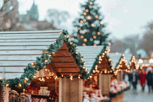 Festive crowd at a Christmas market, smiling faces, warm holiday lights, bustling energy, vintage illustration , closes up photo