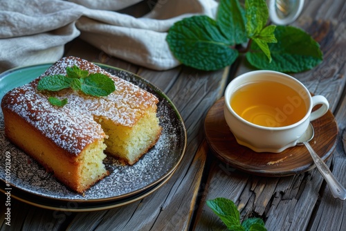 Homemade semolina cake and mint tea on rustic table photo